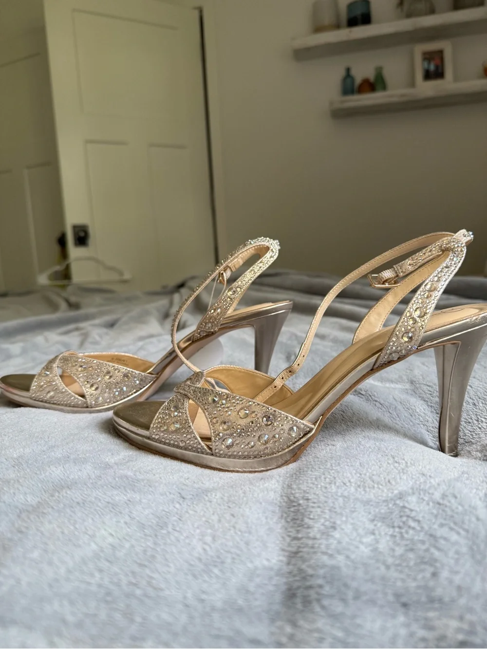Jessica Simpson Crystal-Embellished Champagne Slingback Heels